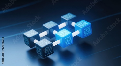A blue and white blockchain chain with glowing nodes on a dark blue background.