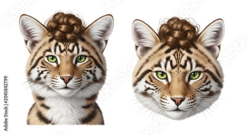 Two tiger cubs with their hair styled in a bun, one facing left and the other facing right, against a white background.