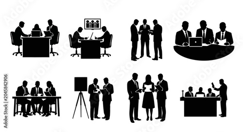 Business meeting silhouettes set, professional team collaboration icons