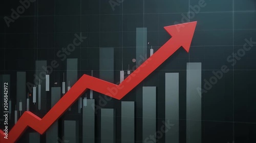 A rising red arrow indicates business growth on a graph with bars.