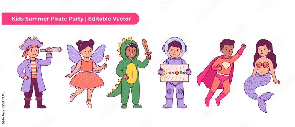 Fototapeta premium Children costume party vector characters standing together in cute fantasy outfits for kids birthday celebration, featuring pirate, fairy, dinosaur, astronaut, superhero, and mermaid concept art set.