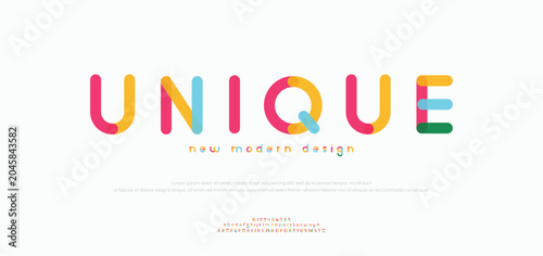 Foto Modern color alphabet, rudiments puzzle letters, colorful stencil font for bright toy logo, game headline, creative rainbow typography, bold condensed text