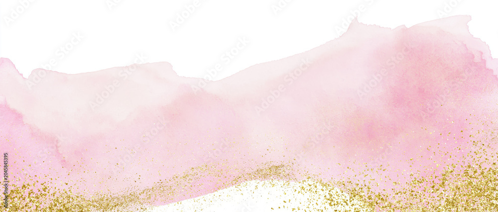 Fototapeta premium elegant pink watercolor background washes beneath shimmering golden glitter texture framing white space