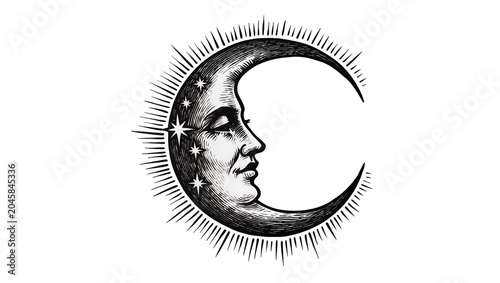 Crescent moon with face and stars, isolated on transparent background