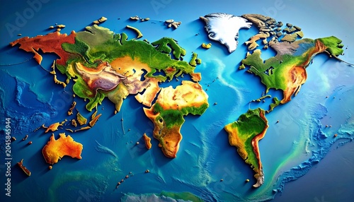 A detailed 3D topographic world map showing continents in vivid colors, highlighting elevation, terrain, and ocean depth with artistic realism and geographic precision on a smooth surface.