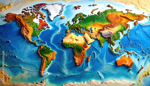 A detailed 3D topographic world map showing continents in vivid colors, highlighting elevation, terrain, and ocean depth with artistic realism and geographic precision on a smooth surface.