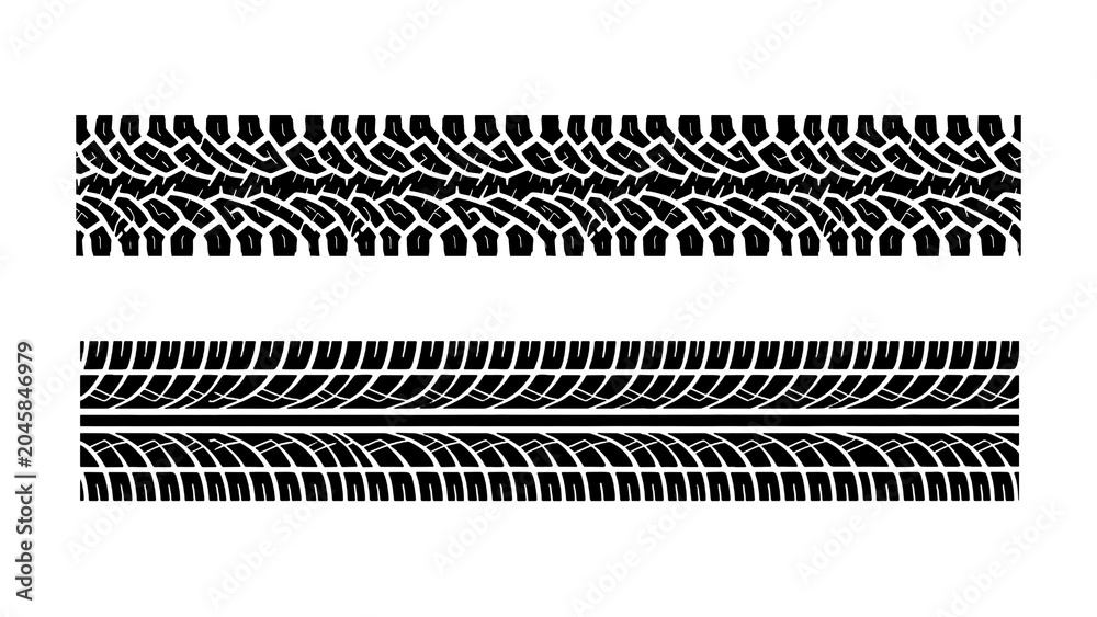 Realistic black car tire tracks vector collection featuring offroad truck and racing wheel tread patterns isolated on transparent background for your creative graphic design elements
