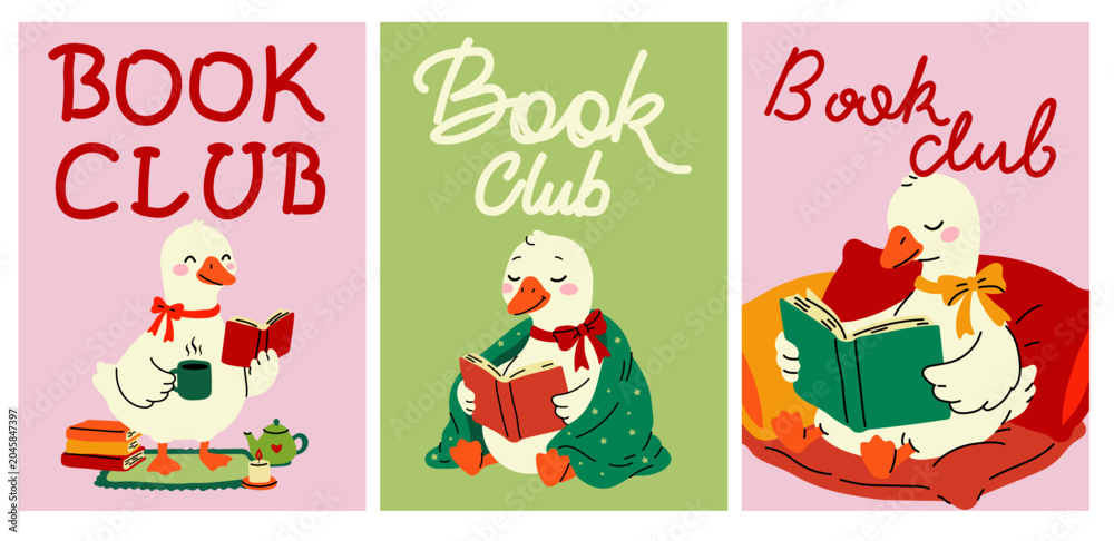 Fototapeta premium Cozy Book Club Duck Reading Poster Collection