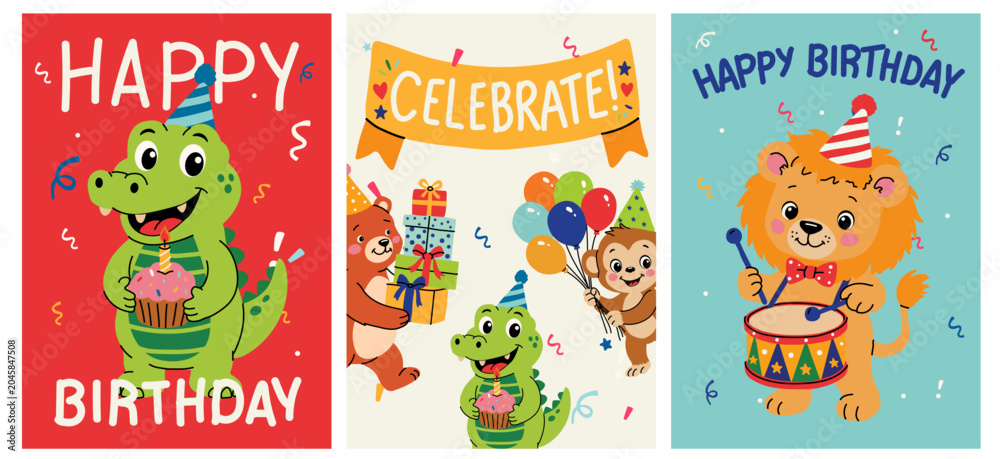 Fototapeta premium Cartoon Crocodile Monkey Bear and Lion Birthday Cards