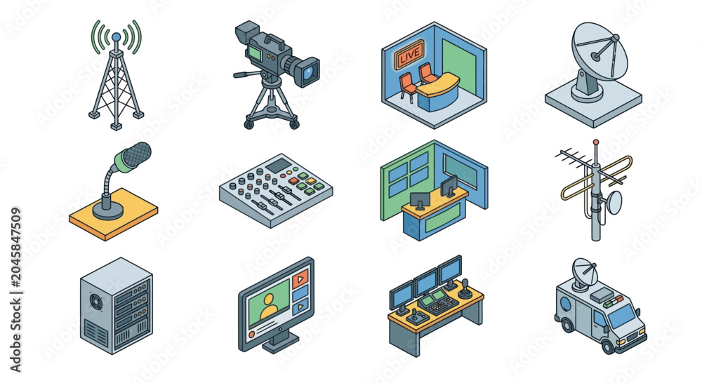 Fototapeta premium Isometric Broadcast Icons Set: TV Studio, Camera, Microphone, Server, Control Panel