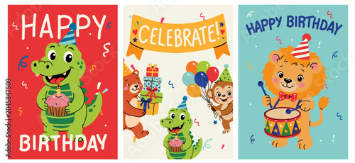 Photography Cartoon Crocodile Monkey Bear and Lion Birthday Cards