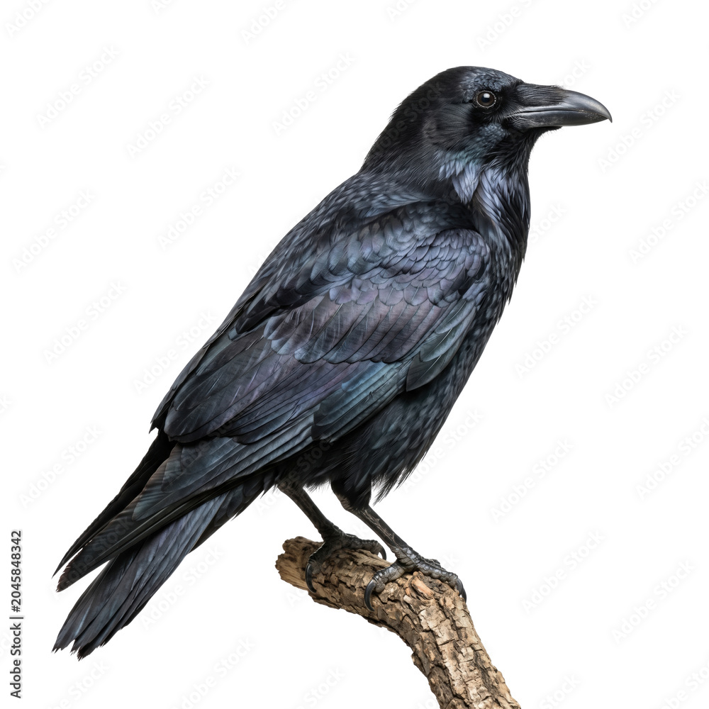Obraz premium Black raven bird perched on wood
