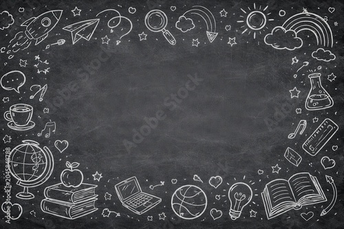 School doodle icons on black chalkboard background with education sketch frame and copy space