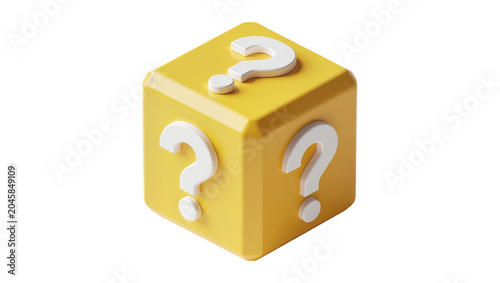 Yellow cube with white question marks, isolated on transparent background