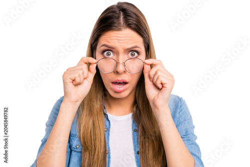 Obraz na plátně Close-up photo of scared terrified frightened pessimistic lady adjusting specs a