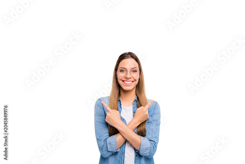 Canvas Print Closeup photo of impressed speaking nice glad optimistic lady pointing to the tw