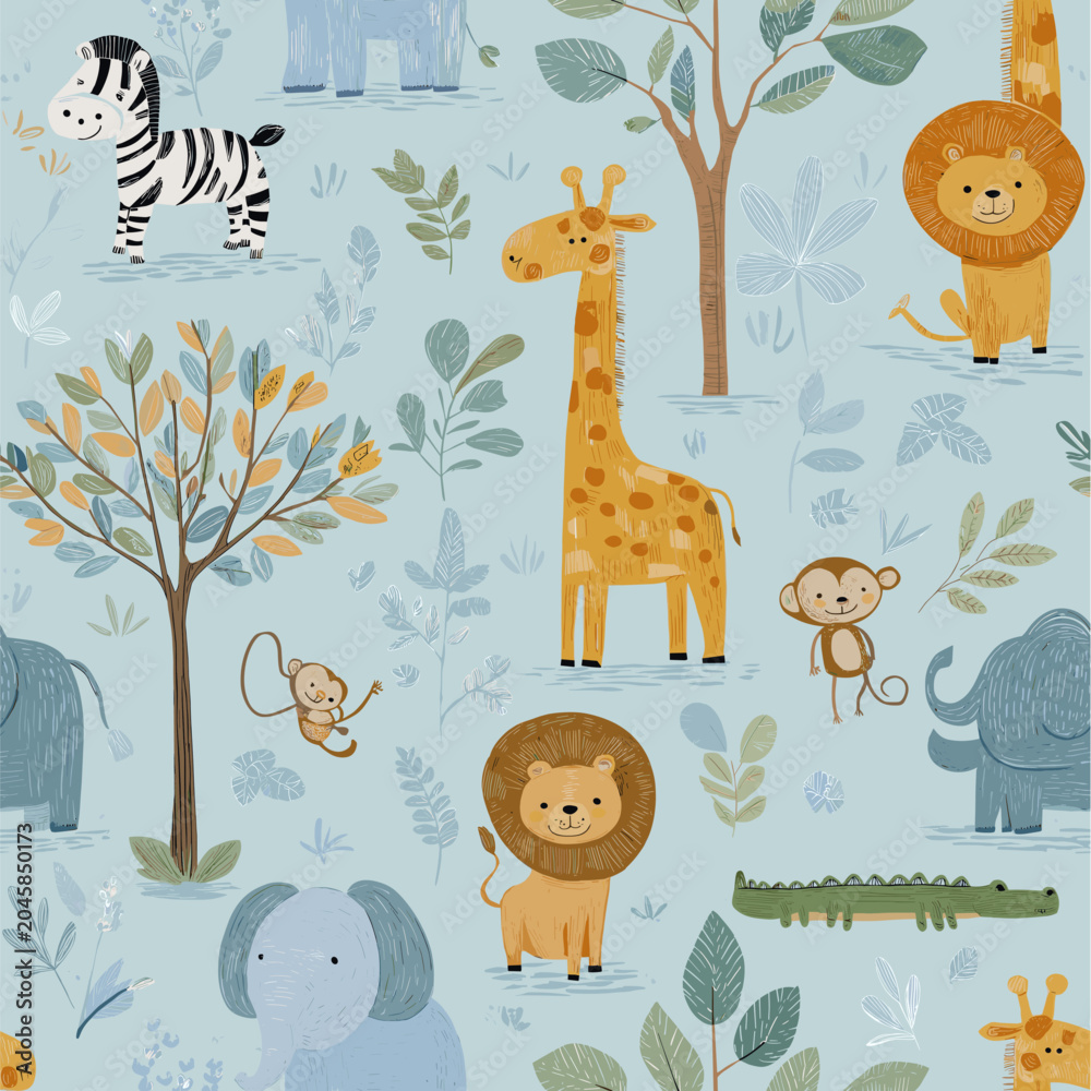 Fototapeta premium Safari animals pattern with giraffes, elephants, and lions on a light blue background. Cute cartoon jungle animals seamless pattern