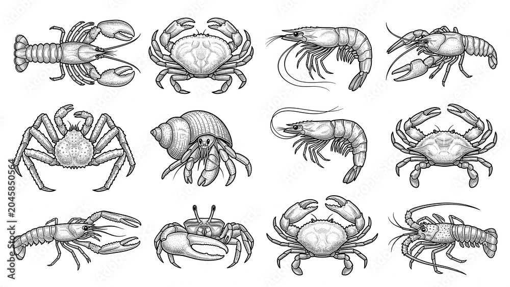 Fototapeta premium Hand Drawn Seafood Crustaceans and Shellfish Engraving Vector Set