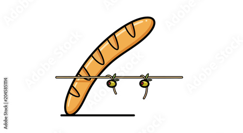 Olives balancing on a wire using a long baguette.