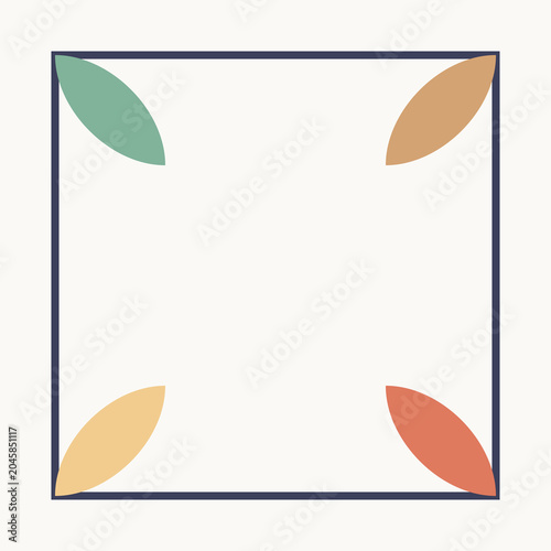 Geometric shapes, leaf icons, colorful corner elements, abstract design