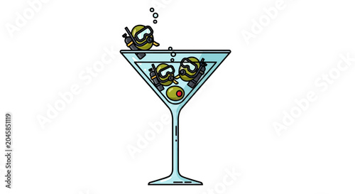 Olives in martini glass with one scuba diving.