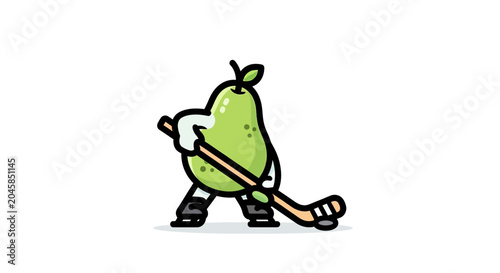 Pear character playing ice hockey with a hockey stick.