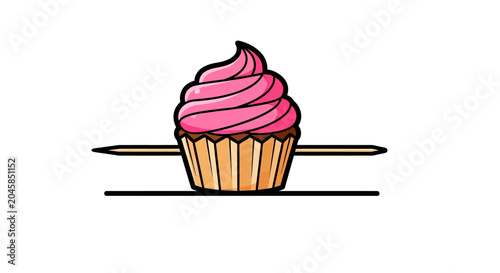 Pink frosted cupcake dessert with sprinkles on white background.
