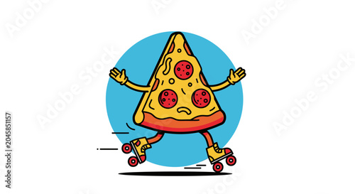 Pizza slice character roller skating on wheels.