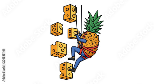 Pineapple character rock climbing on blocks of swiss cheese.