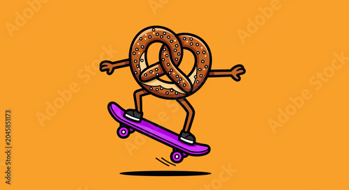Pretzel character riding a skateboard on orange background.