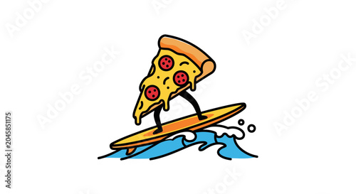Pepperoni pizza slice character surfing on ocean wave.