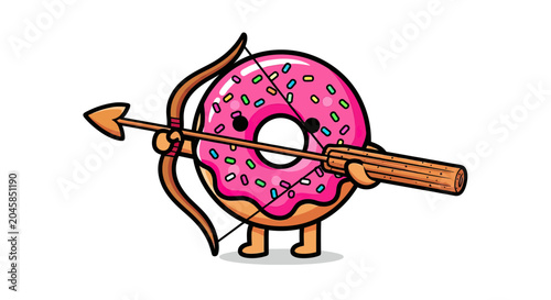 Pink glazed donut character shooting a giant chocolate arrow.