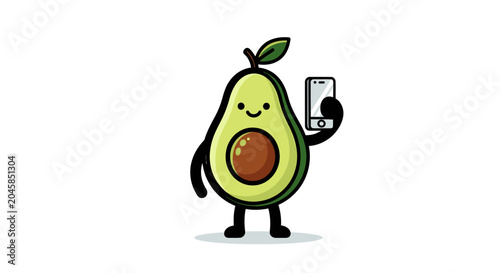 Trendy avocado cartoon character taking a selfie with a smartphone.