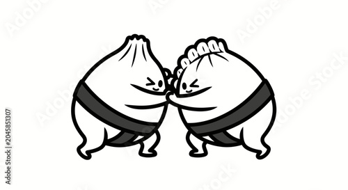 Two cartoon dumpling characters engaged in sumo wrestling match.