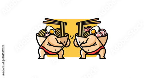 Two cartoon ramen bowl characters performing a sumo stand.