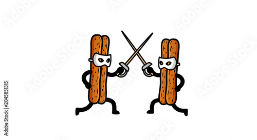 Two masked breadstick characters dueling with swords on white.