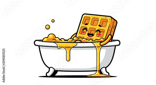 Waffle character relaxing in a syrup filled bathtub illustration.