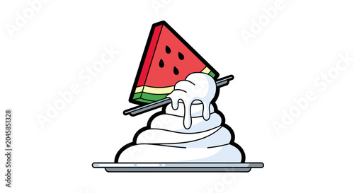 Watermelon slice sitting on a whipped cream mountain illustration.