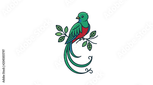 Photography Resplendent Quetzal Bird Perched on Branch with Leaves - Isolated