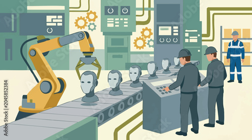 Industrial automation: robotic arm assembling robot heads on production line