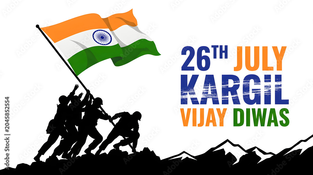 Fototapeta premium Kargil Vijay Diwas celebration with soldiers raising Indian flag at sunset