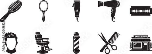 Photos Barbershop and hair salon outline icon set with clipper, comb, razor, sprayer, pomade and dryer