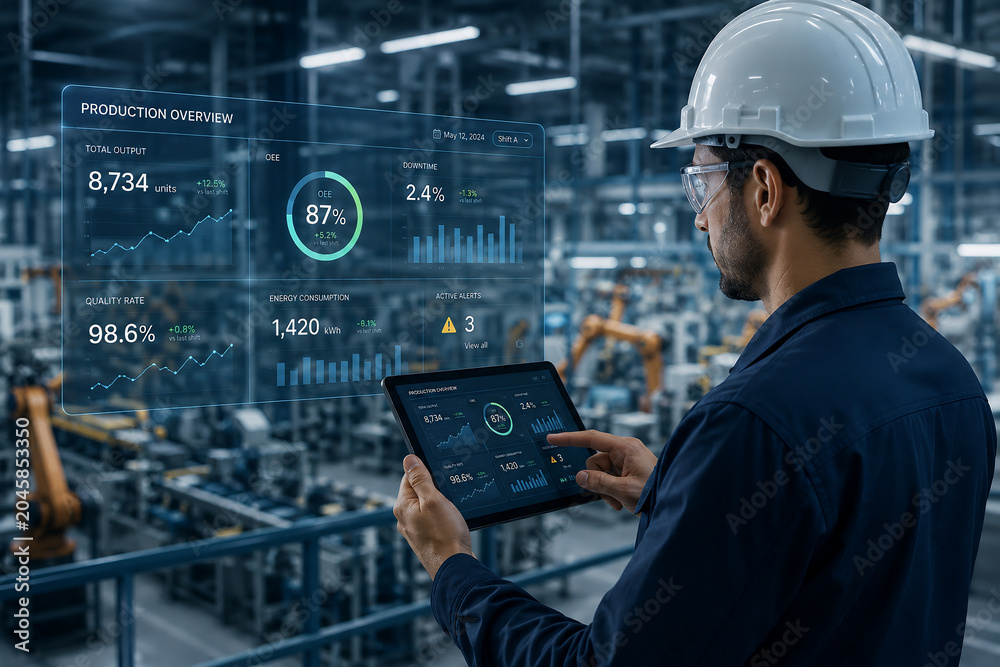 Industrial Engineer Using Digital Tablet for Factory Production Monitoring and Smart Manufacturing Analysis