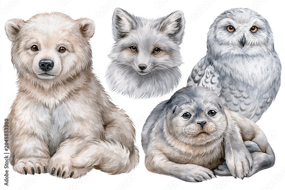 Fototapeta premium Charming watercolor illustrations of Arctic animals: polar bear cub, arctic fox, snowy owl, and seal pup.