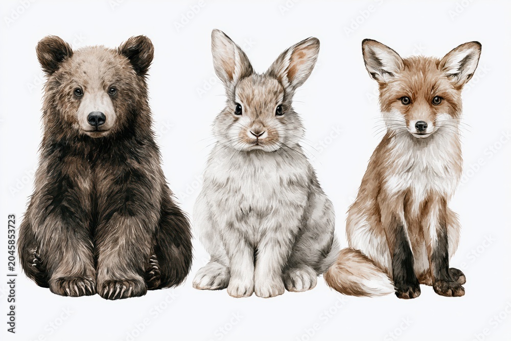 Naklejka premium Adorable watercolor illustrations of a brown bear, a fluffy rabbit, and a red fox sitting together.