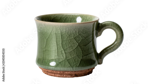 Obraz na plátně Green ceramic mug with crackle glaze and rustic base, isolated on transparent ba