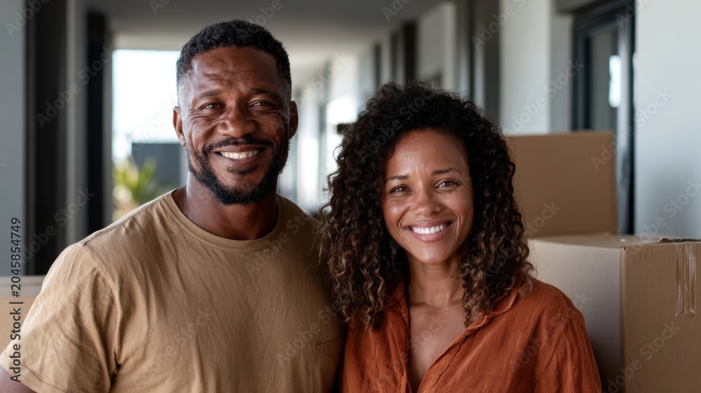 Obraz premium A happy couple stands together among boxes in their new home, symbolizing new beginnings and shared joy as they embark on the journey of home ownership.