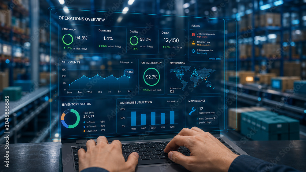 Futuristic Warehouse Management System Dashboard with Holographic Interface