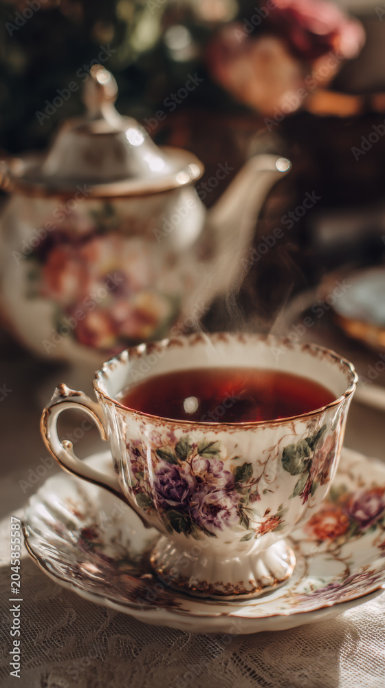 Fototapeta premium Hot tea brews in a fine china cup with floral patterns in a cozy setting with a teapot beside it in the afternoon light