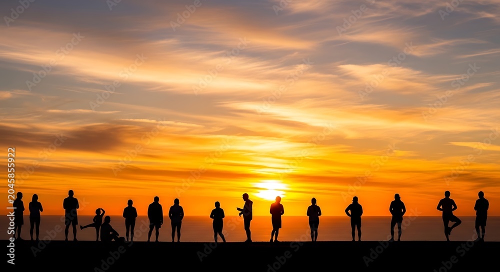 Fototapeta premium Group of silhouetted people standing on a beach during a vibrant sunset.
